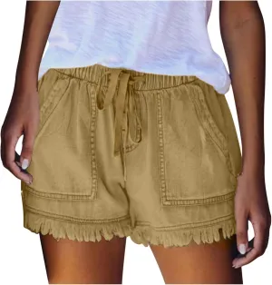 Women Denim Shorts 3 Inch Inseam Casual Summer Elastic High Waisted Jeans Frayed Raw Hem Jean Shorts with Pockets