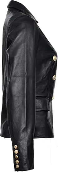 Women Double Breasted Fancy Buttons Sheepskin Leather Blazer Kim - Kardashian Long Sleeve Style Coat