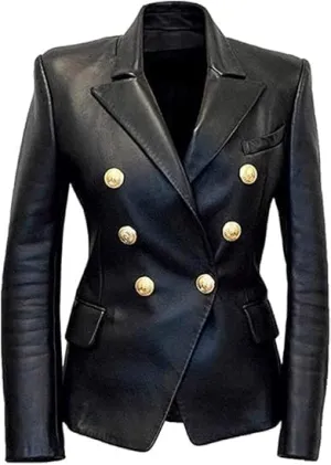 Women Double Breasted Fancy Buttons Sheepskin Leather Blazer Kim - Kardashian Long Sleeve Style Coat