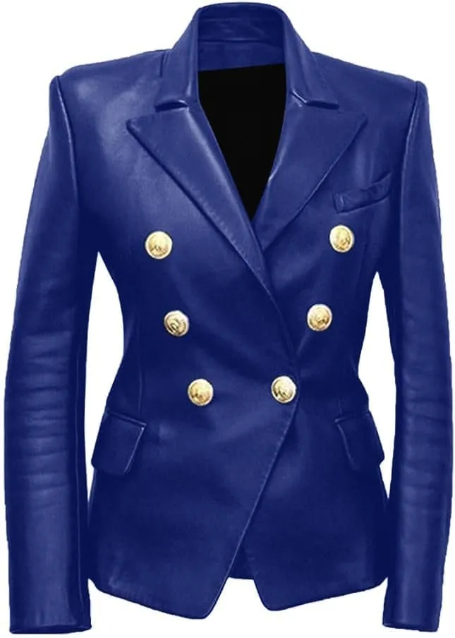 Women Double Breasted Fancy Buttons Sheepskin Leather Blazer - Kim Kardashian Long Sleeve Style Coat