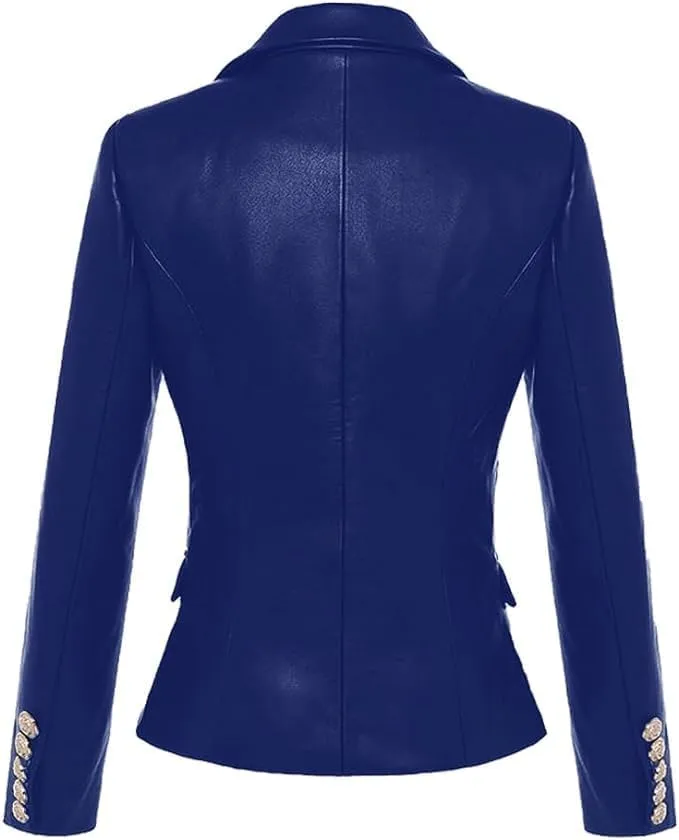 Women Double Breasted Fancy Buttons Sheepskin Leather Blazer - Kim Kardashian Long Sleeve Style Coat