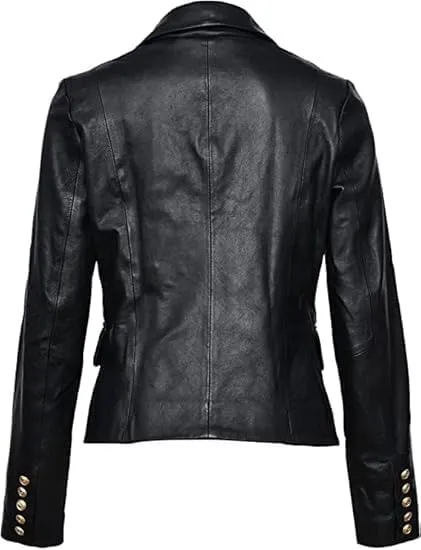 Women Double Breasted Fancy Buttons Sheepskin Leather Blazer Kim - Kardashian Long Sleeve Style Coat