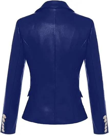 Women Double Breasted Fancy Buttons Sheepskin Leather Blazer Kim - Kardashian Long Sleeve Style Coat