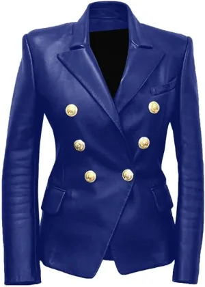 Women Double Breasted Fancy Buttons Sheepskin Leather Blazer - Kim Kardashian Long Sleeve Style Coat