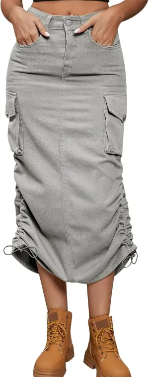 Women Drawing Rope Casual Fashion Half Body Denim Skirt Pleated Midi Skirt Crib Skirt Girl (Grey-b, M)