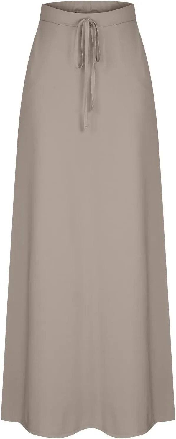 Women Elegant Maxi Skirts Drawstring Waist Casual Long Skirt with Pocket, Dressy Plain Midi Skirt Flowy Half Dress