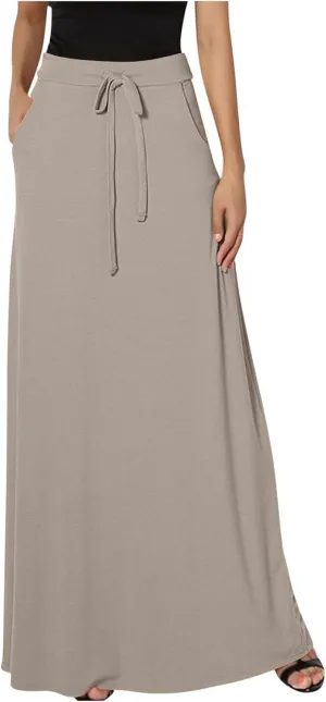 Women Elegant Maxi Skirts Drawstring Waist Casual Long Skirt with Pocket, Dressy Plain Midi Skirt Flowy Half Dress