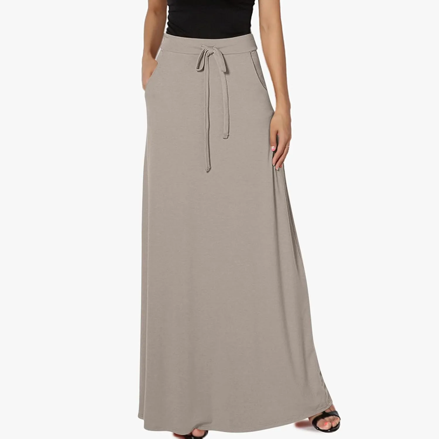 Women Elegant Maxi Skirts Drawstring Waist Casual Long Skirt with Pocket, Dressy Plain Midi Skirt Flowy Half Dress