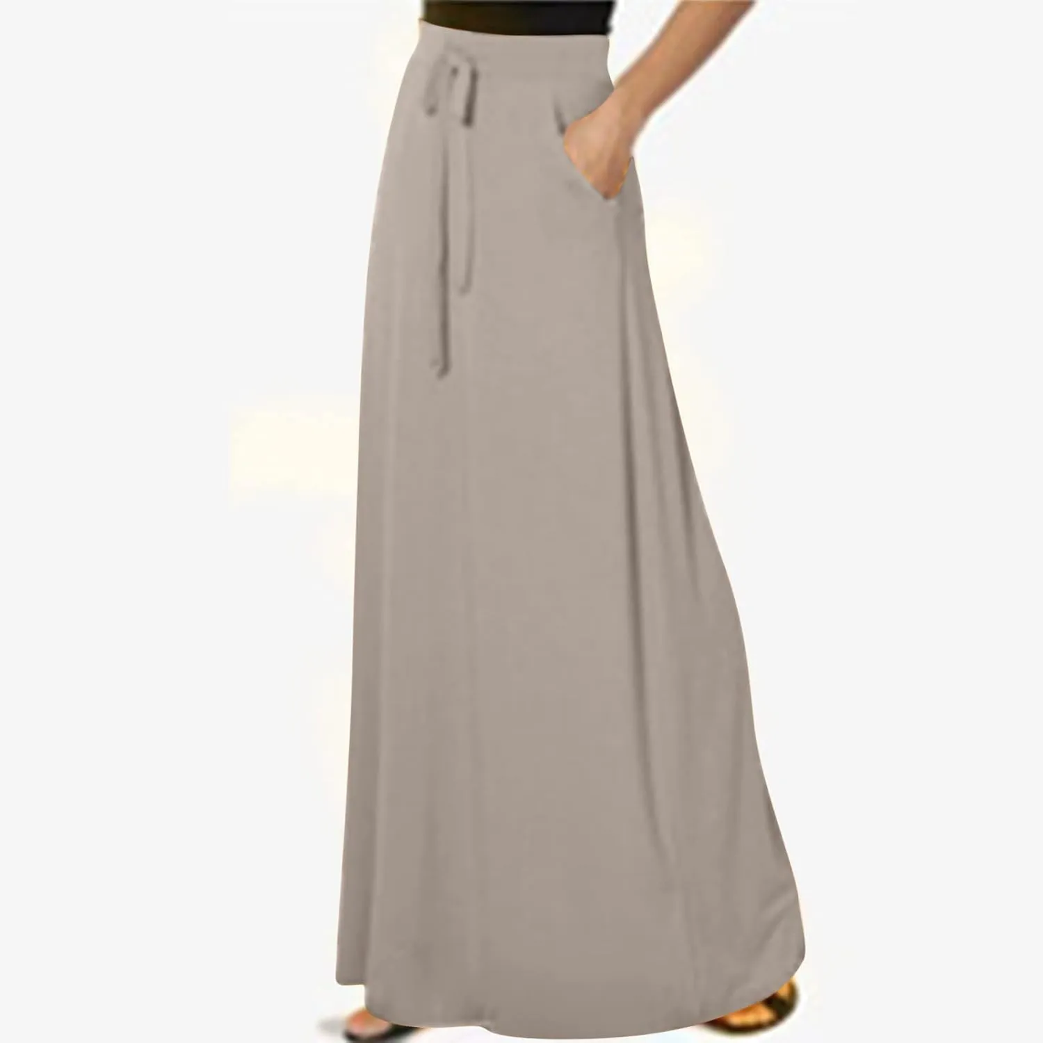 Women Elegant Maxi Skirts Drawstring Waist Casual Long Skirt with Pocket, Dressy Plain Midi Skirt Flowy Half Dress