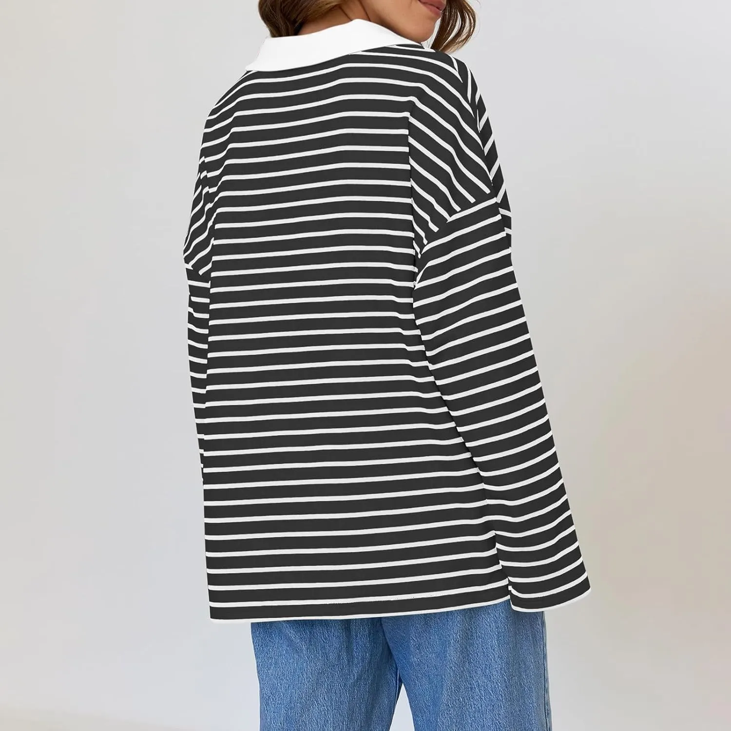Women Fall Fashion Sweatshirts Long Sleeve V-Neck Stripe Pullover Tops Casual Oversized Fall Clothes