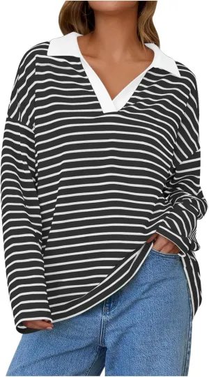 Women Fall Fashion Sweatshirts Long Sleeve V-Neck Stripe Pullover Tops Casual Oversized Fall Clothes