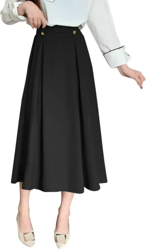 Women Fashion Casual Mid Length Suit Skirt A Line High Waisted Pleated Skirt Daily Long Leather Skirts for Women