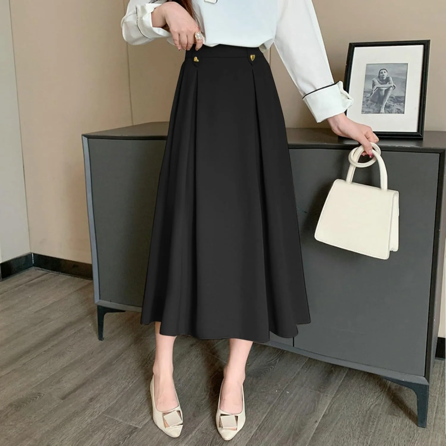 Women Fashion Casual Mid Length Suit Skirt A Line High Waisted Pleated Skirt Daily Long Leather Skirts for Women