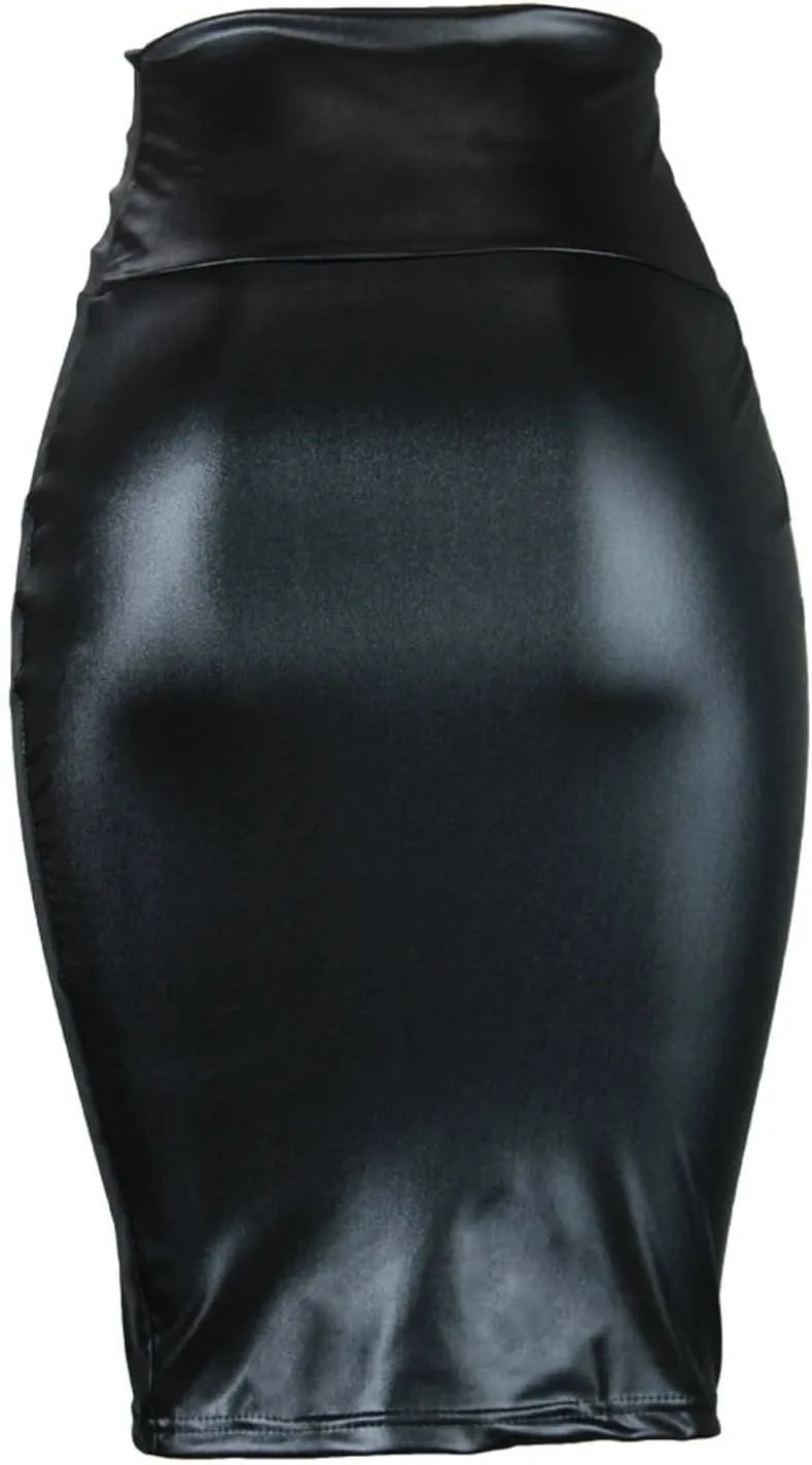 Women Faux Leather Bodycon Skirt Sexy Half-Length Work Skirt High Waist Elastic Pencil Skirt Midi Club Party Skirts