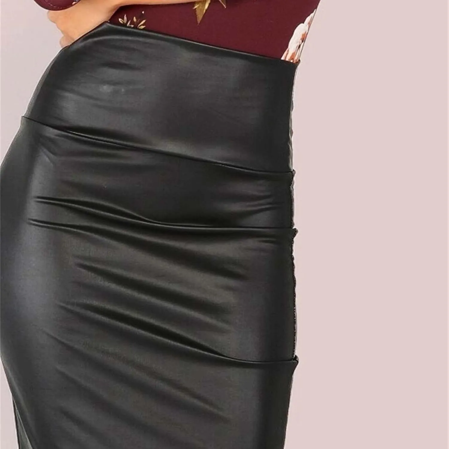 Women Faux Leather Bodycon Skirt Sexy Half-Length Work Skirt High Waist Elastic Pencil Skirt Midi Club Party Skirts