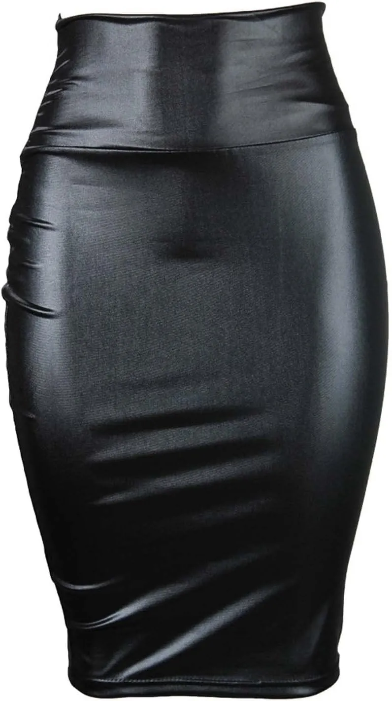 Women Faux Leather Bodycon Skirt Sexy Half-Length Work Skirt High Waist Elastic Pencil Skirt Midi Club Party Skirts