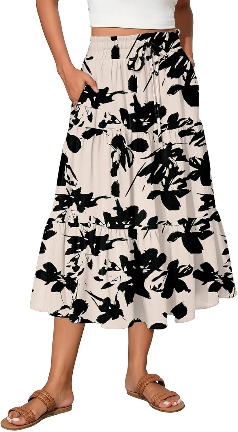 Women Floral Skirt A Line Tiered Pleated Flowy Midi Skirt with Pockets Casual Elastic High Waisted Boho Beach Skirts