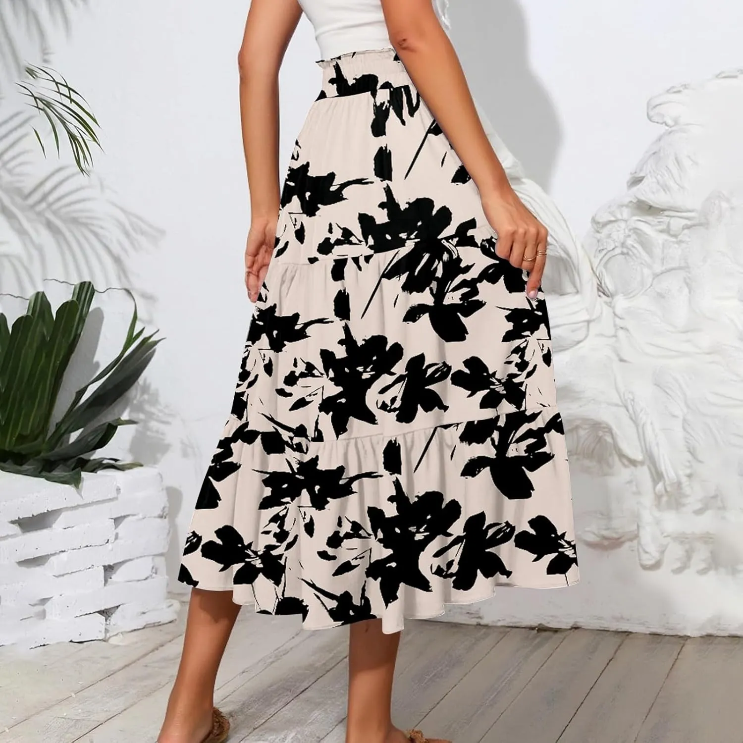 Women Floral Skirt A Line Tiered Pleated Flowy Midi Skirt with Pockets Casual Elastic High Waisted Boho Beach Skirts