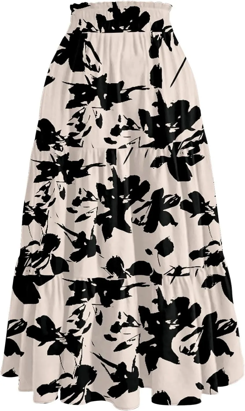Women Floral Skirt A Line Tiered Pleated Flowy Midi Skirt with Pockets Casual Elastic High Waisted Boho Beach Skirts
