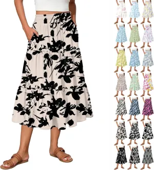 Women Floral Skirt A Line Tiered Pleated Flowy Midi Skirt with Pockets Casual Elastic High Waisted Boho Beach Skirts