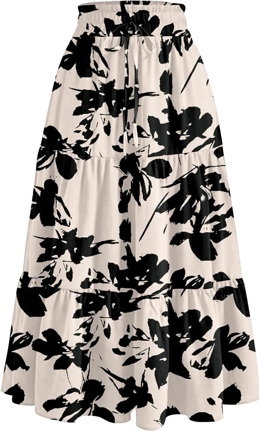 Women Floral Skirt A Line Tiered Pleated Flowy Midi Skirt with Pockets Casual Elastic High Waisted Boho Beach Skirts