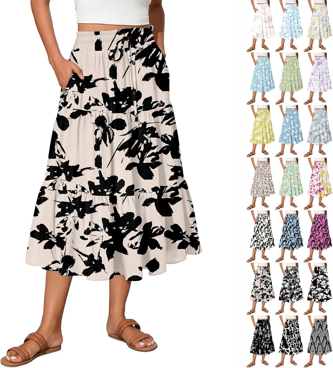 Women Floral Skirt A Line Tiered Pleated Flowy Midi Skirt with Pockets Casual Elastic High Waisted Boho Beach Skirts