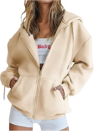 Women Full Zip Sweatshirt Solid Hooded Sweatshirts Y2K Hoodies Long Sleeve Fall Teen Girl Jacket Preppy Overcoat Fleece