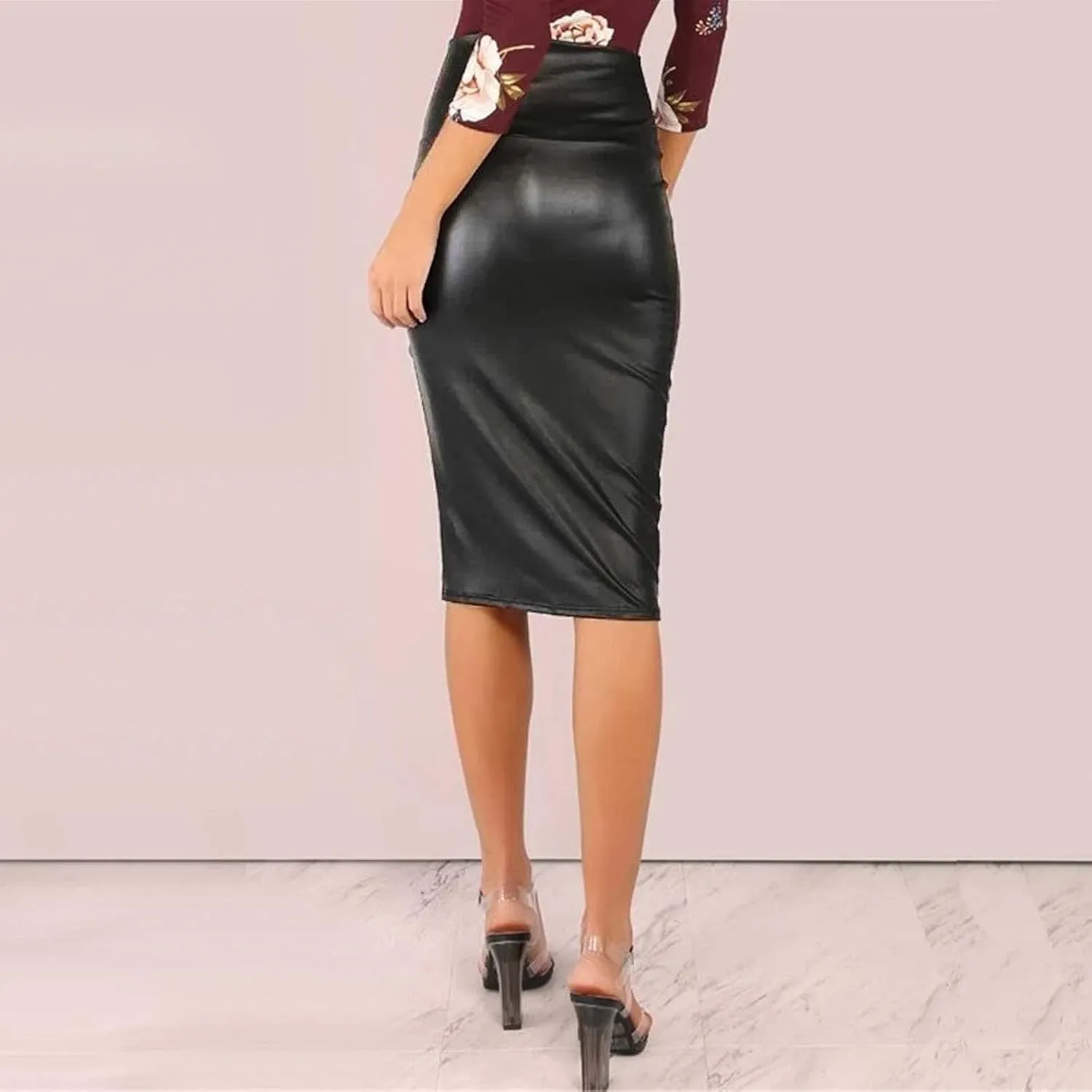 Women High Waist Bodycon Midi Skirts Faux Leather Knee Length Pencil Skirt Ladies Below Knee Office Skirts