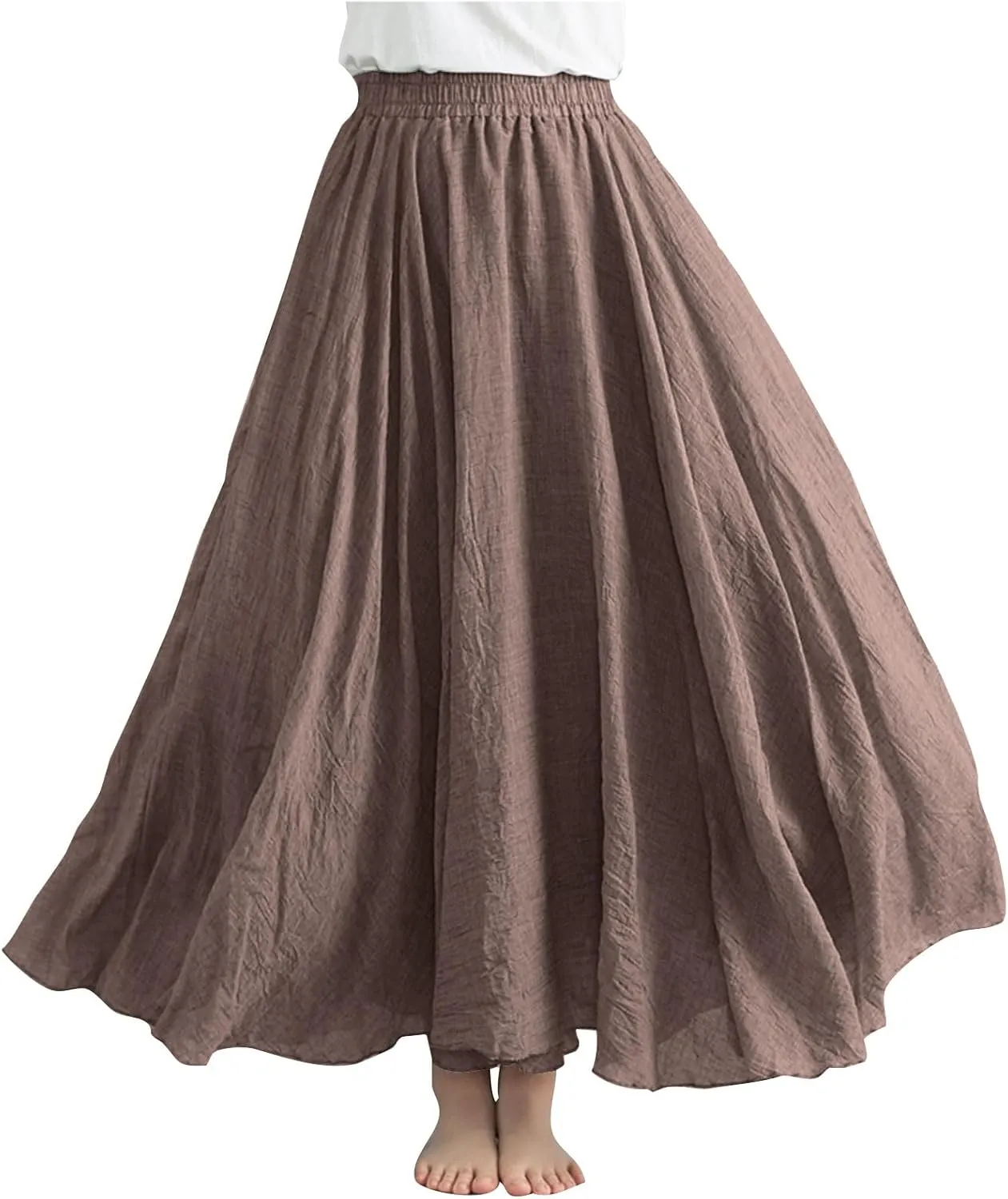 Women Lightweight Boho Maxi Skirts Flowy Beach Long Skirt Elastic Waist Pleated Swing Bohemian Skirts 2025 New Coffee