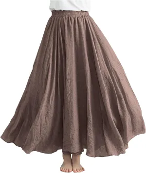 Women Lightweight Boho Maxi Skirts Flowy Beach Long Skirt Elastic Waist Pleated Swing Bohemian Skirts 2025 New Coffee