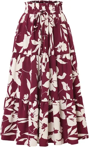 Women Maxi Skirt Floral Tiered Pleated Skirt Flowy Swing High Waisted Go Outing Clothes