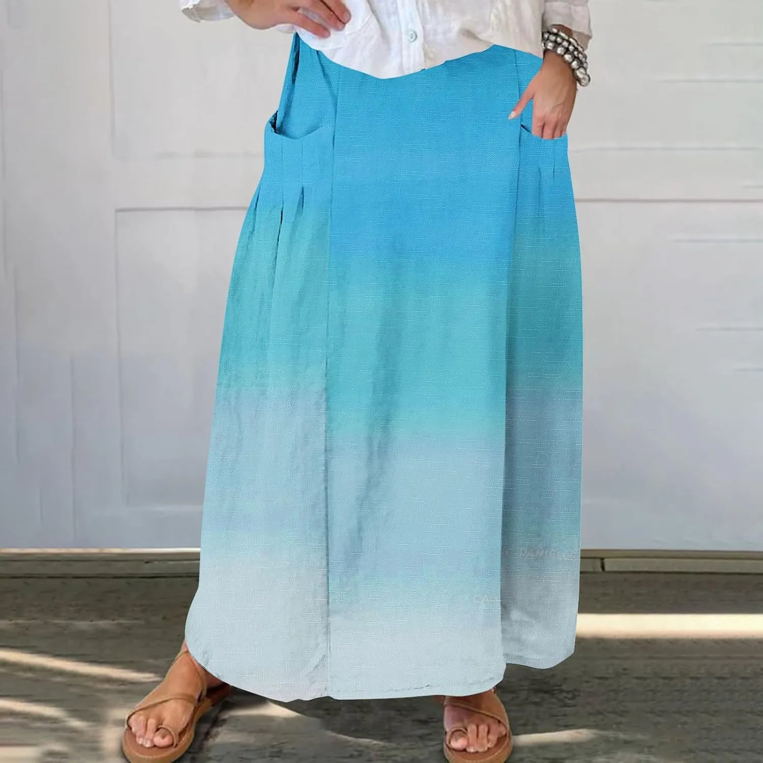 Women Maxi Skirt Gradient Color Loose Fit Stretchy Summer Skirt with Pockets Pleated Comfy Trendy 2025 Casual Skirt
