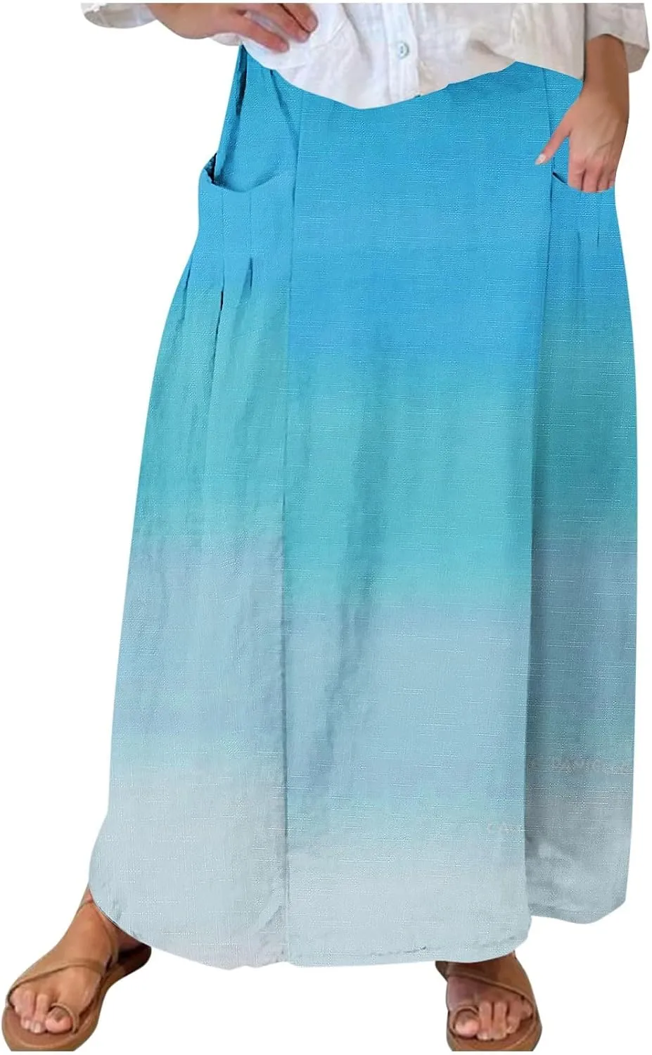 Women Maxi Skirt Gradient Color Loose Fit Stretchy Summer Skirt with Pockets Pleated Comfy Trendy 2025 Casual Skirt