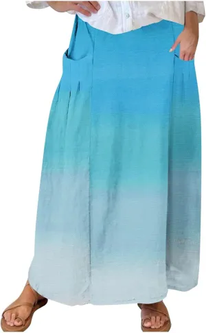 Women Maxi Skirt Gradient Color Loose Fit Stretchy Summer Skirt with Pockets Pleated Comfy Trendy 2025 Casual Skirt