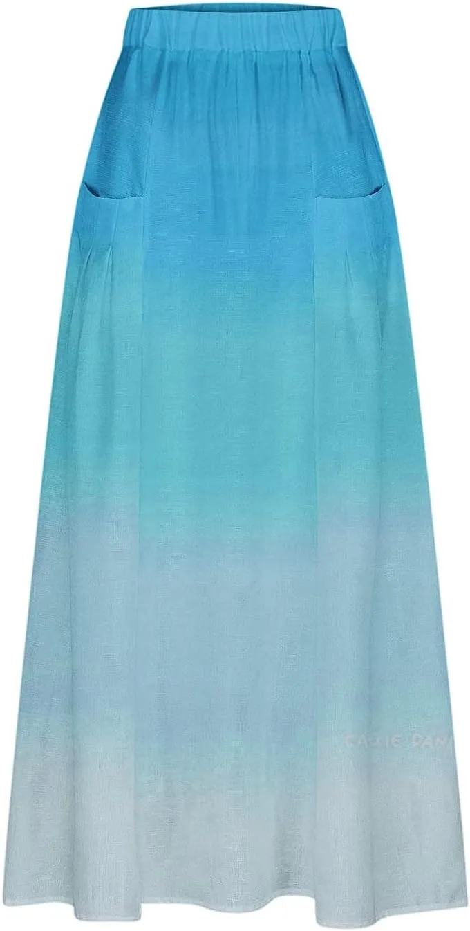 Women Maxi Skirt Gradient Color Loose Fit Stretchy Summer Skirt with Pockets Pleated Comfy Trendy 2025 Casual Skirt