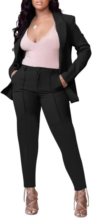 Women Open Front Long Sleeve Blazer and Pants Set Sexy Bodycon Business Pants Suit Formal 2 Piece Outfits