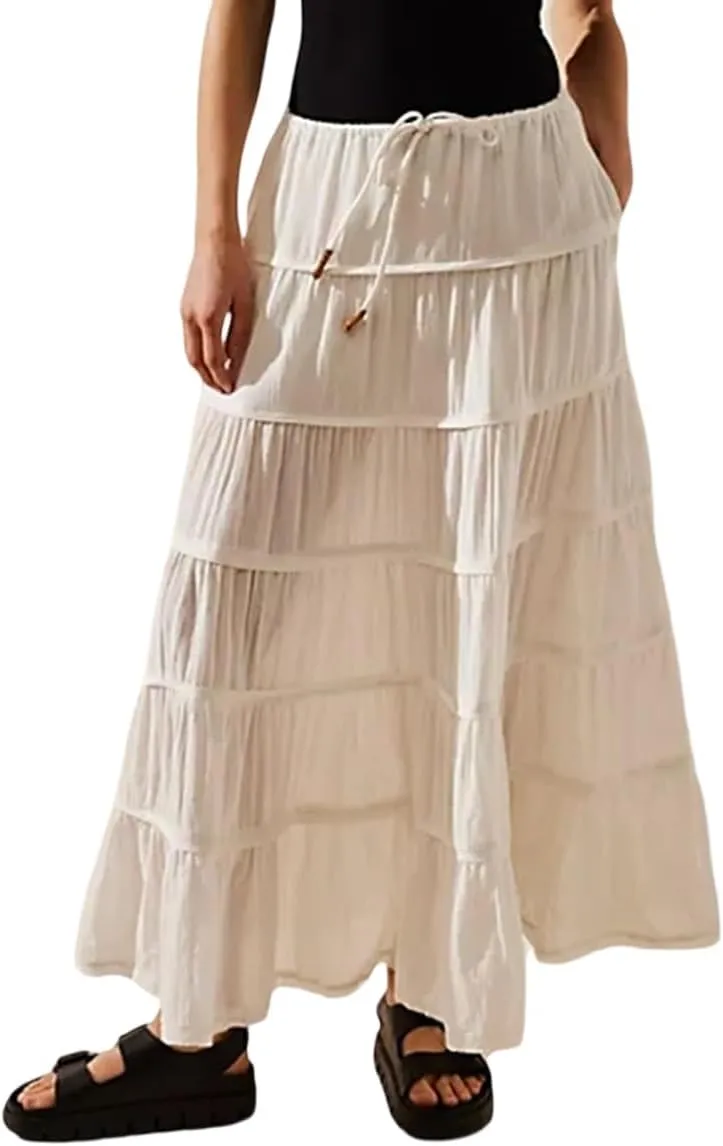 Women Ruffle A Line Long Skirt Casual High Waist Tiered Pleated Maxi Skirt Flowy Boho Skirt Trendy Midi Skirt