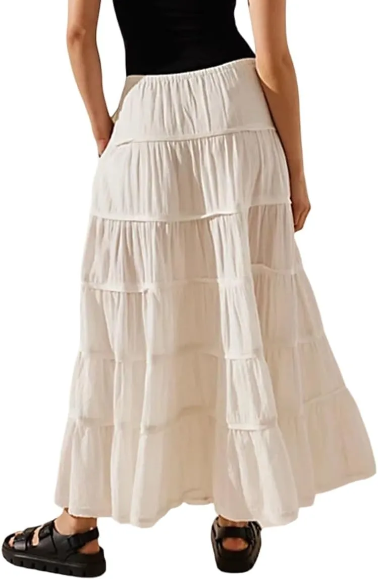 Women Ruffle A Line Long Skirt Casual High Waist Tiered Pleated Maxi Skirt Flowy Boho Skirt Trendy Midi Skirt