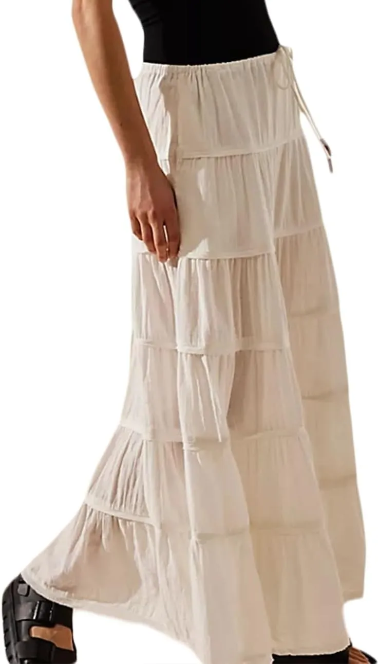 Women Ruffle A Line Long Skirt Casual High Waist Tiered Pleated Maxi Skirt Flowy Boho Skirt Trendy Midi Skirt