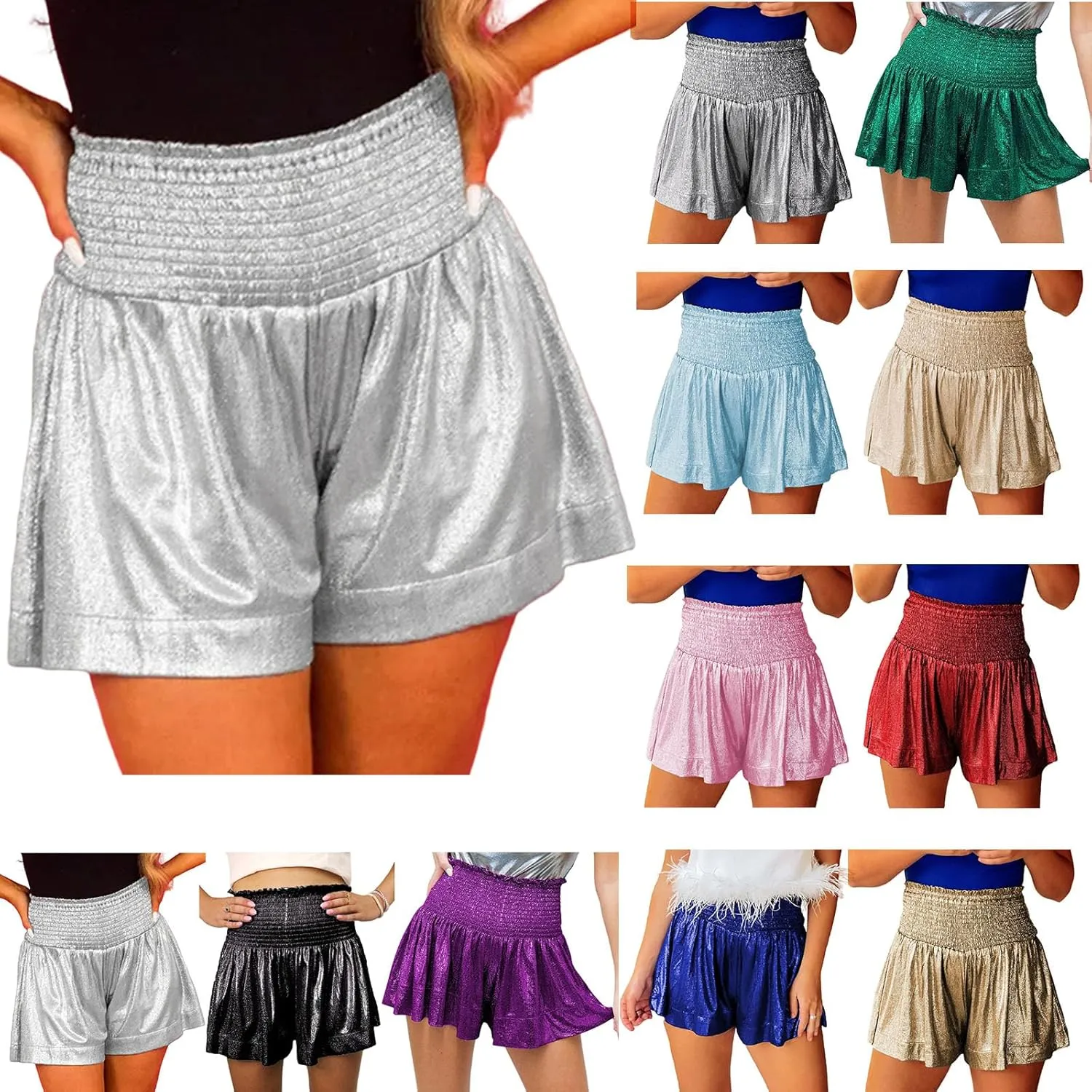 Women Sequin Skirt High Waisted Shorts Glitter Flowy Skirt Layered Shiny Mini Skirt Built in Shorts Club Party Short