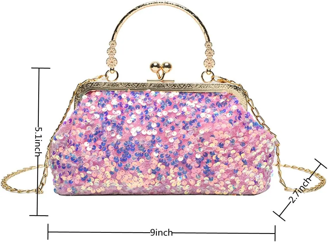 Women Sequins Evening Handbag Glitter Top Handle Purse Chain Cross-body Bag