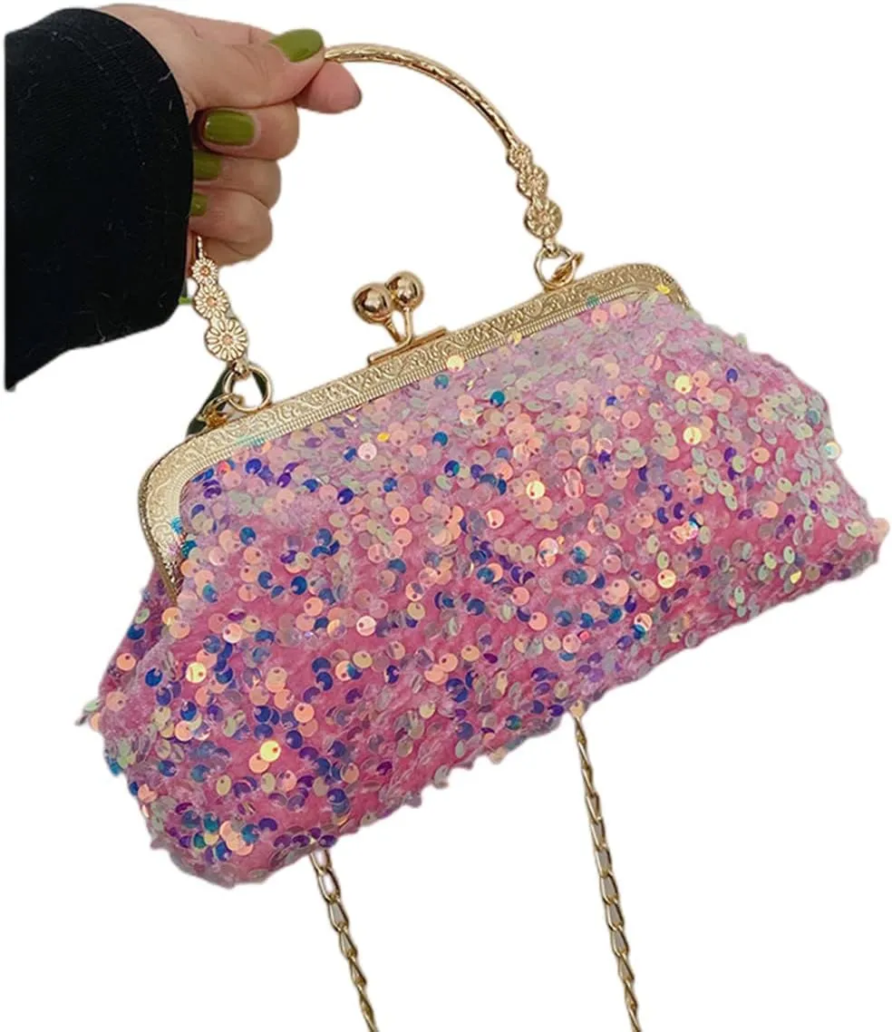 Women Sequins Evening Handbag Glitter Top Handle Purse Chain Cross-body Bag