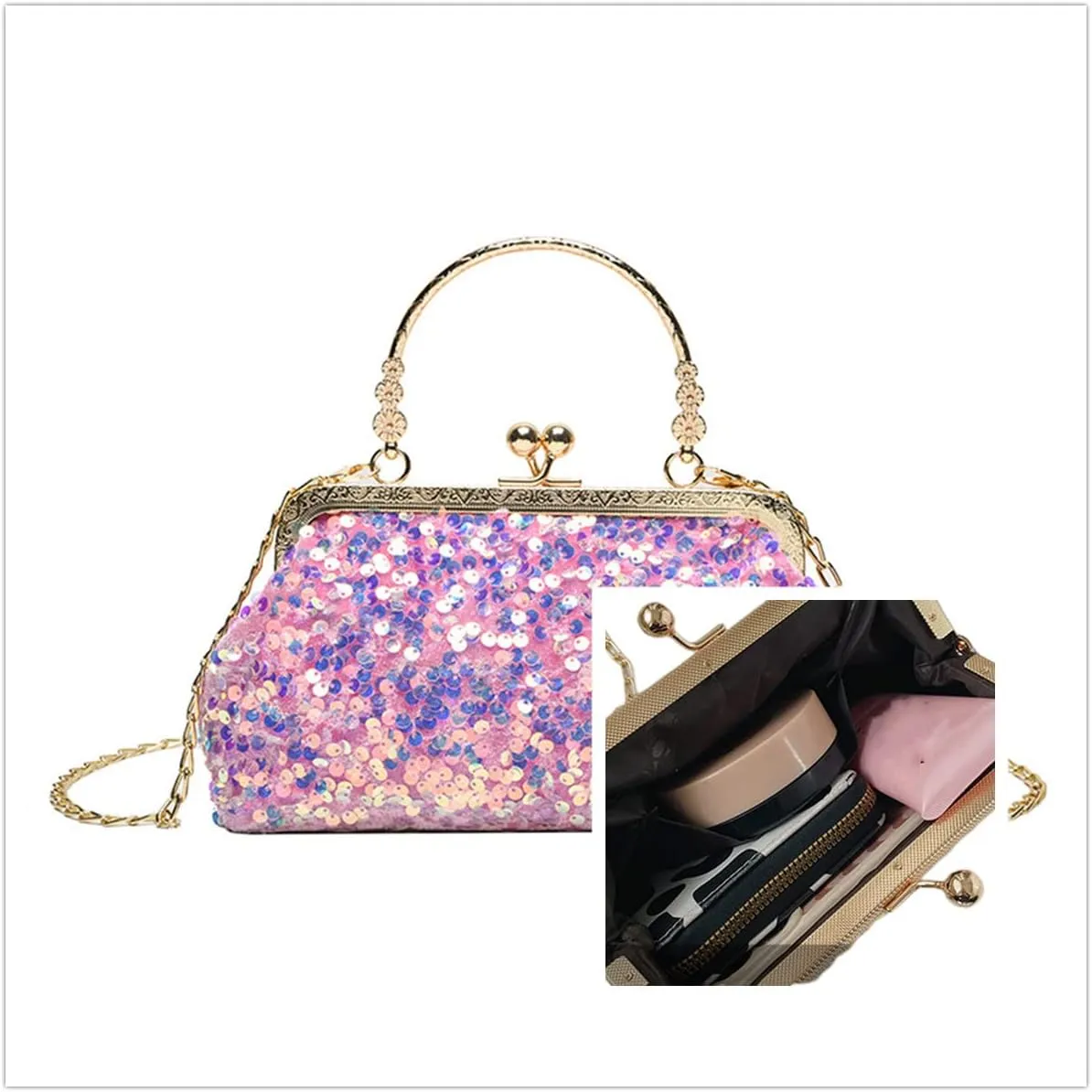 Women Sequins Evening Handbag Glitter Top Handle Purse Chain Cross-body Bag