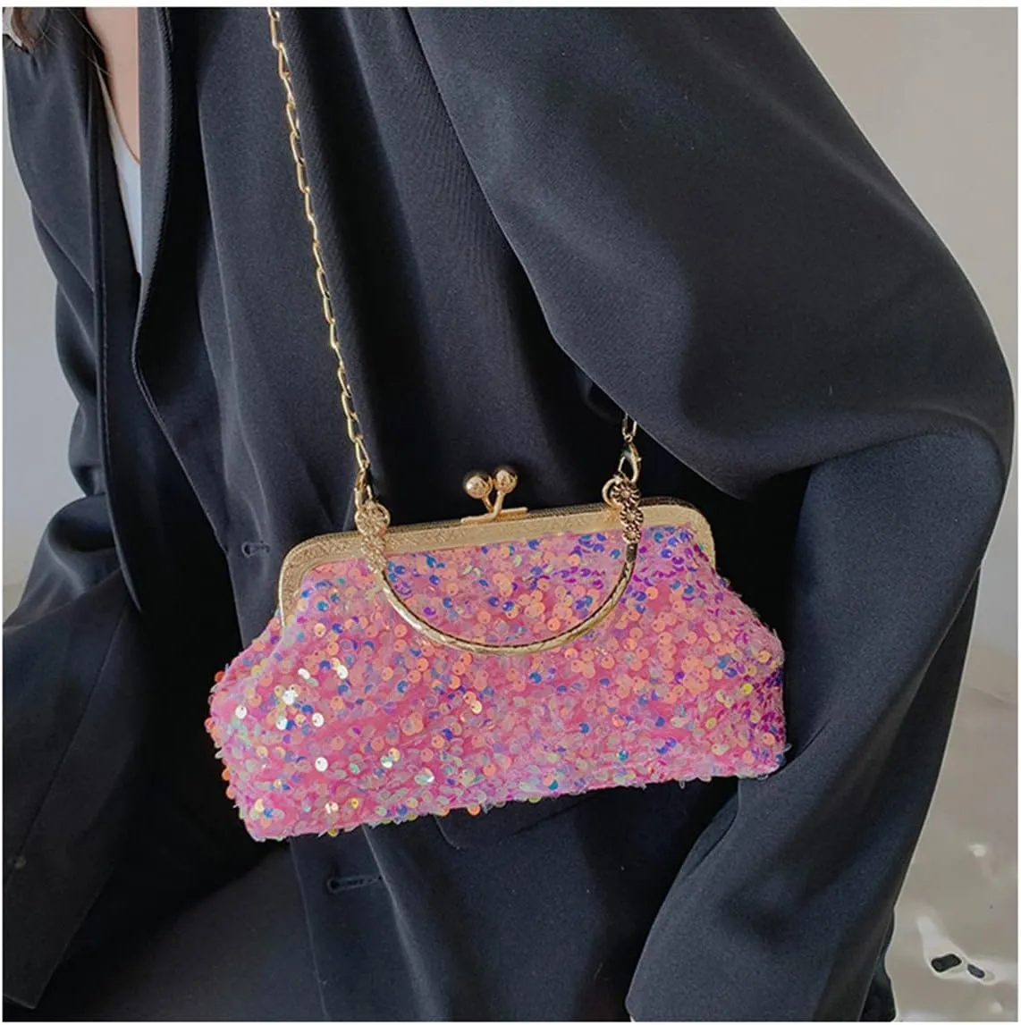 Women Sequins Evening Handbag Glitter Top Handle Purse Chain Cross-body Bag