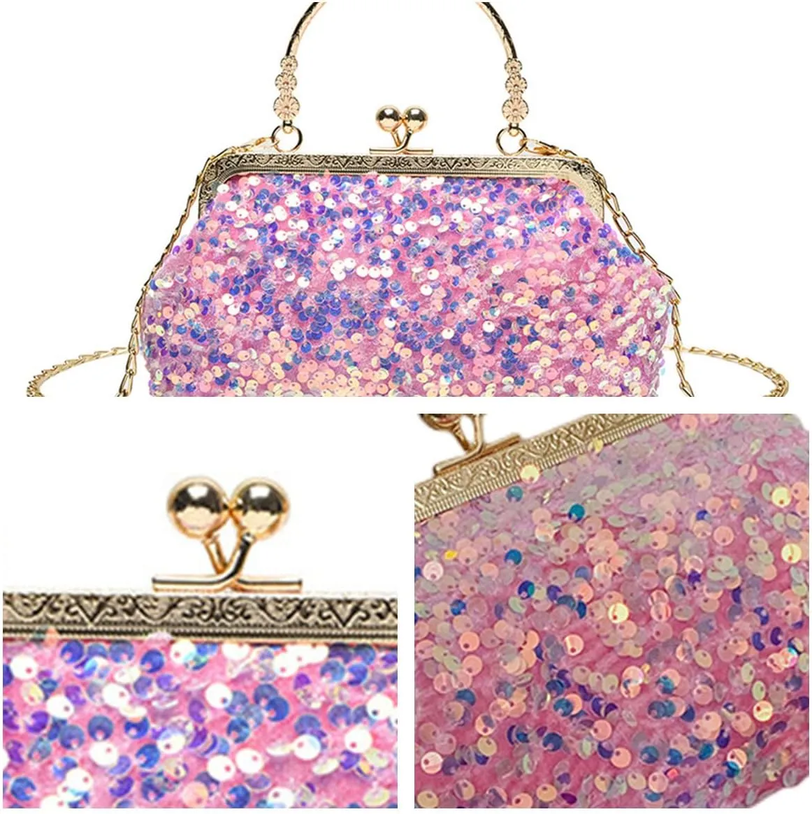 Women Sequins Evening Handbag Glitter Top Handle Purse Chain Cross-body Bag