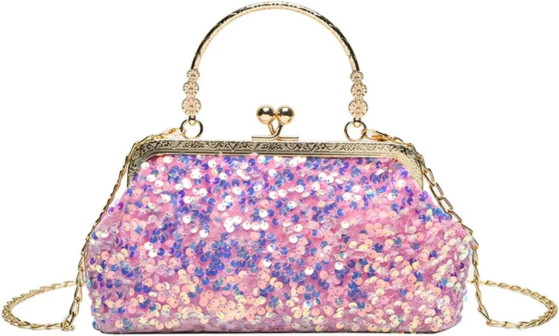 Women Sequins Evening Handbag Glitter Top Handle Purse Chain Cross-body Bag