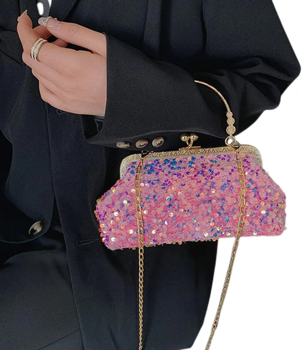 Women Sequins Evening Handbag Glitter Top Handle Purse Chain Cross-body Bag