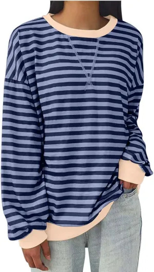 Women Striped Crew Neck Sweatshirts Oversized Pullover Shirt Tops Lightweight Preppy Hoodies Trendy Fall Clothes 2024