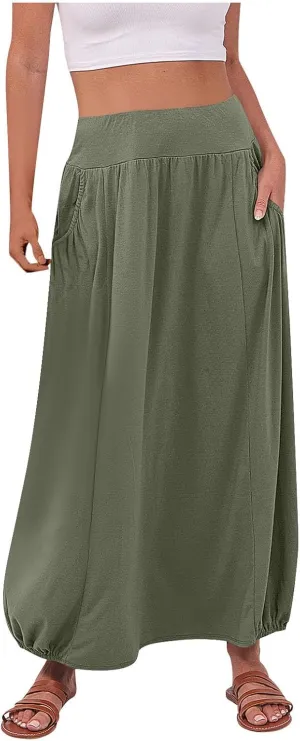 Women Summer Long Maxi Skirts Elastic High Waisted Ankle Length Boho Skirt 2025 Trendy Vacation Dress with Pockets