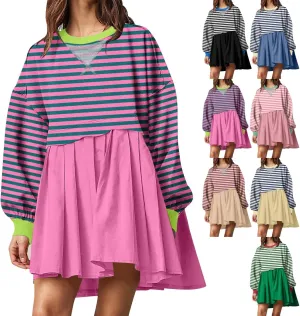 Women Sweatshirts Dress Oversized Striped Long Sleeve Crewneck Pullover Tops Casual Mini Dress Fall Outfits 2024